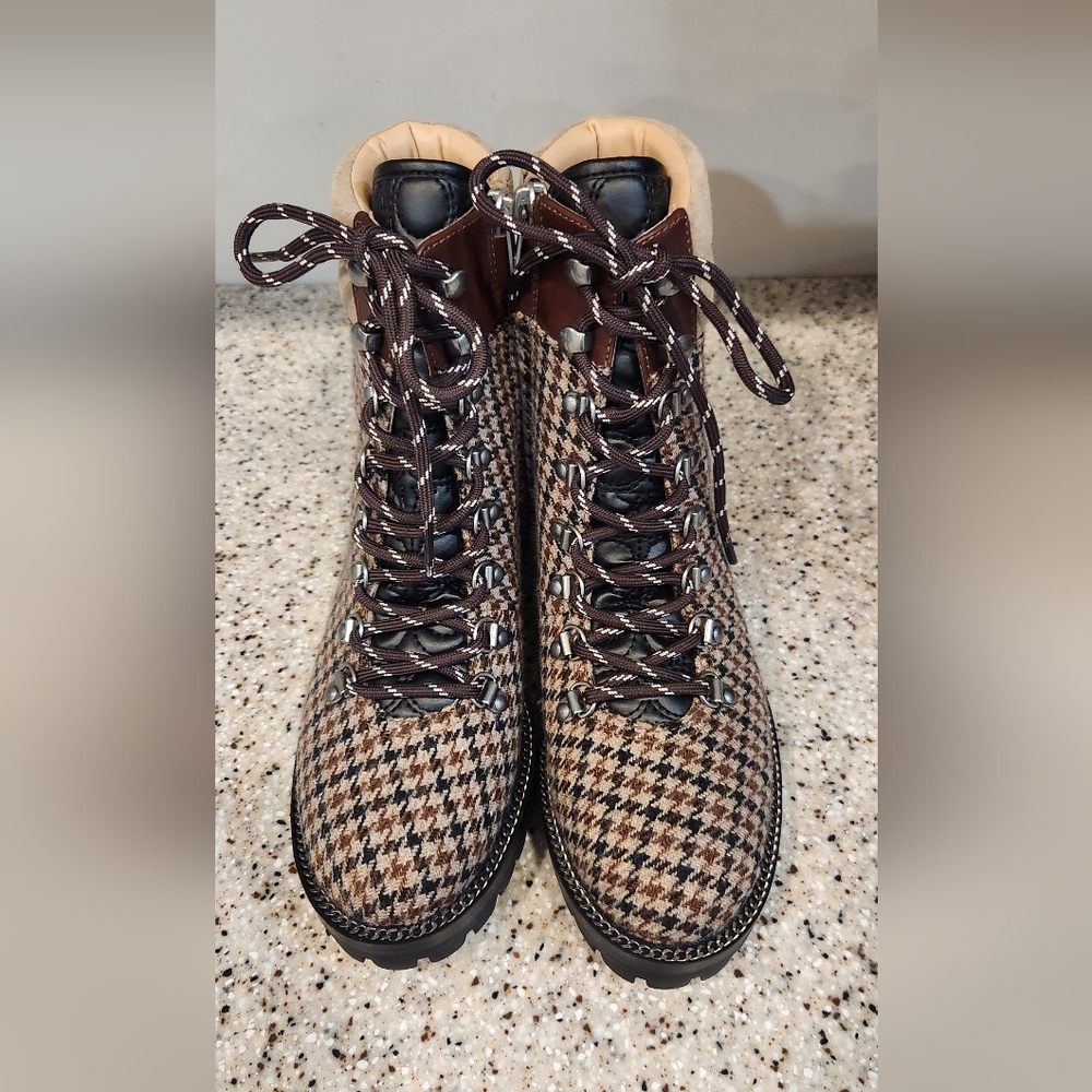 New Coach Brown And Tan Houndstooth Lace-up Boots